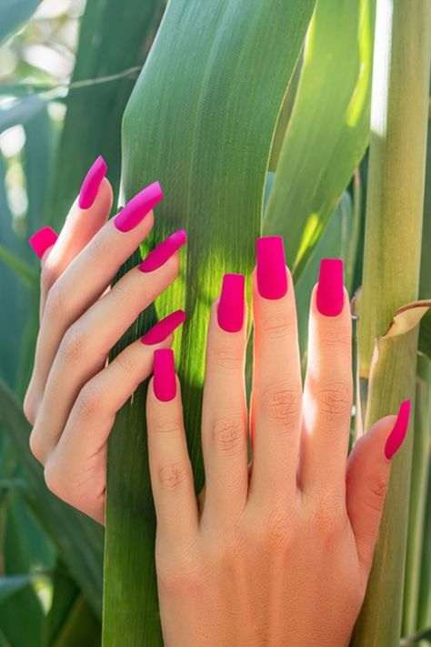 Pink Nail Matte, Matte Hot Pink Nails Coffin, Pink Matte Nails Coffin, Hot Pink Matte Nails Design, Pink Matte Nails Design, Matt Pink Nails, Hot Pink Matte Nails, Dark Pink Nails Designs, Matte Nails Pink