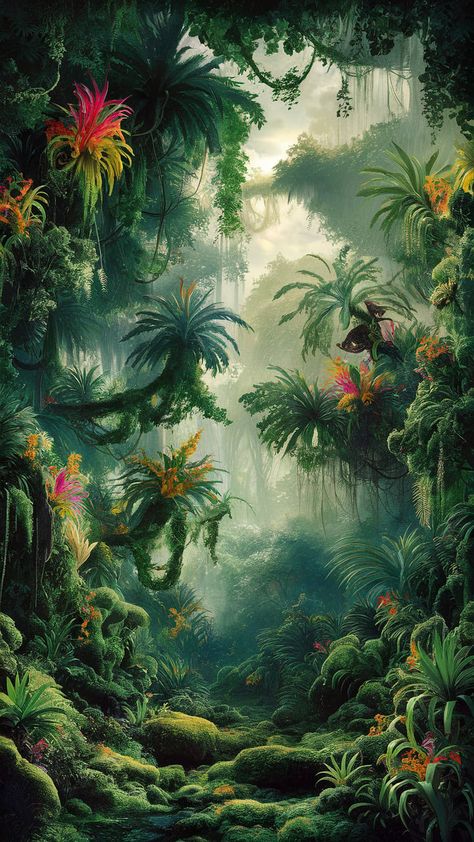 Immerse yourself in a lush tropical landscape with deep emerald foliage and vibrant exotic flowers. Experience the magic of Impressionism as sunlight dances through the canopy, casting enchanting shadows on the forest floor. Discover whimsical creatures hidden among the greenery, blending seamlessly into this serene undergrowth. Perfect for nature lovers, this rainforest wallpaper evokes mystery and tranquility. Nature, Tropical Rainforest Aesthetic, Tropical Rainforest Wallpaper, Biome Project, Rainforest Floor, Rainforest Wallpaper, Rainforest Flowers, Biomes Project, Mystical Landscapes