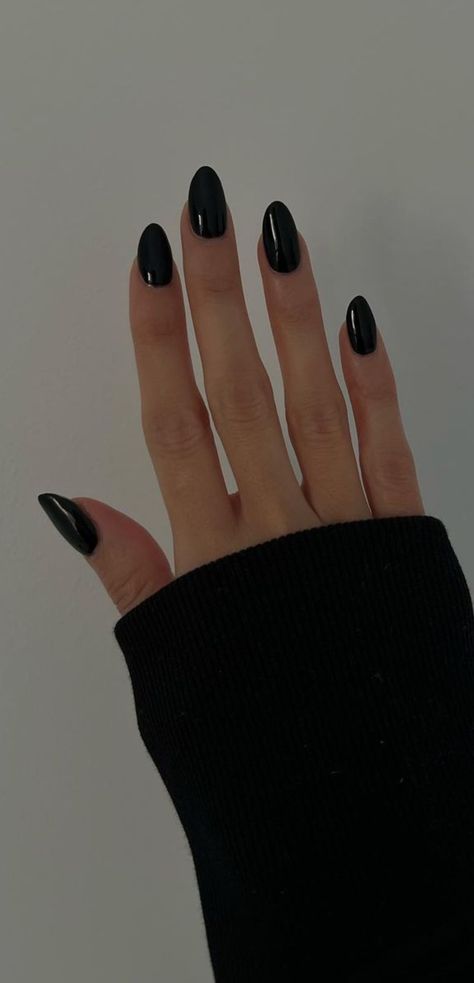 Black Dip Powder Nails Almond, Black Round Nails Short, Matte Black Nails Almond Shape, Simple Goth Nails Almond, Black Oval Nails Short, Round Nails Black, Black Nails Short Almond, Dark Oval Nails, Oval Black Nails