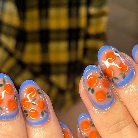 Georgia Cotterill on Instagram: "Nails fit for Seville 🍊💙 Inspo @nailsbydannimoore *phase 2*" Clementine Nails, Colorado Nails, Tomato Nails, Blush Pink Nails, Spring Manicure, Food Nails, 2023 Nails, Acrylic Nail Shapes, Nail Time