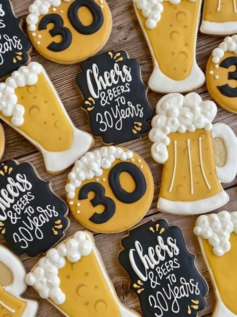 Beer Themed Desserts, Cheers And Beers To 30 Years Cookies, 40th Fall Birthday Ideas, Birthday 30 Men Decor, 30th Beer Birthday Party, 30th Party Theme For Men, Cheers And Beers Cookies, Cheers To 30 Years Cookies, 30 Birthday Cookies Men