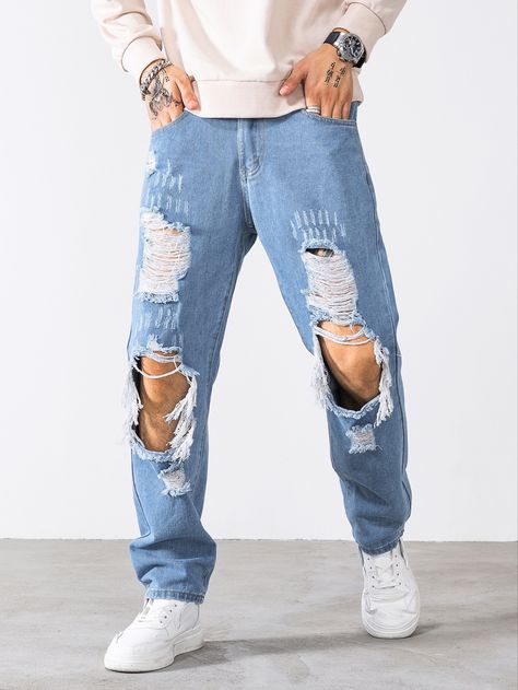 Mens Ripped Jeans Outfits, Ripped Jeans For Men, Mens Ripped Jeans, Denim Outfit Men, Cut Out Jeans, Jeans Outfit Men, Straight Leg Jeans Men, Black Men Fashion Swag, Ripped Jeans Men