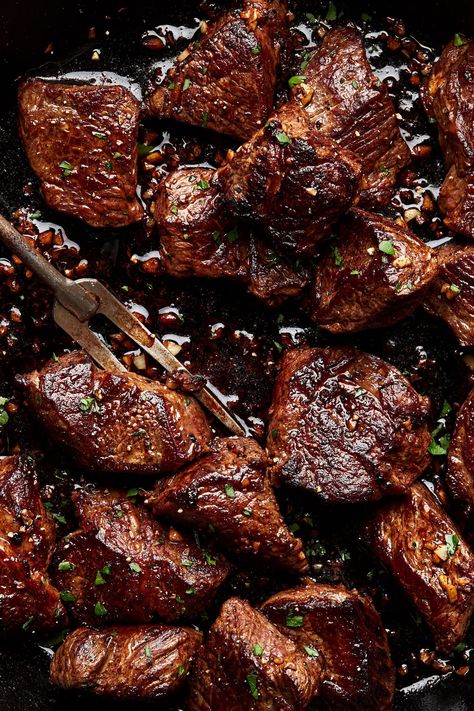 Steak Bites | The Modern Proper Sticky Steak Bites, Pan Fried Steak Bites, Cast Iron Steak Bites, Top Round Steak Dinner Ideas, Chuck Roast Bites Recipes, Steak Tidbits Recipes, Cube Meat Recipes, Filet Bites Recipe, Ina Garten Steak Bites