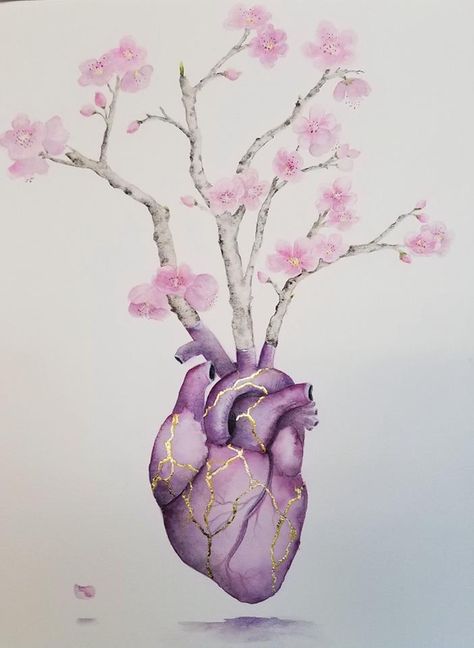 Painted in watercolor and gold ink. ArtbyMonica.com Kintsugi Heart Art, Kintsugi Watercolor, Kintsugi Painting, Kintsugi Tattoo Ideas, Kintsugi Aesthetic, Kintsugi Heart, Kintsugi Tattoo, Art Bio, Henna Paint