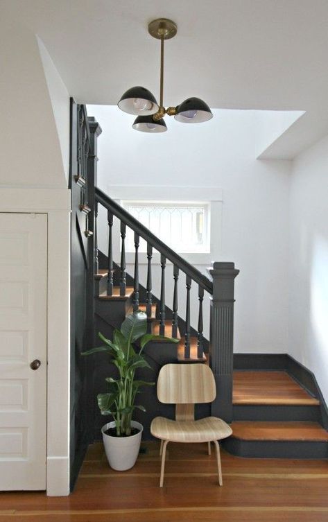 trim is Sherwin Williams "Iron Ore," and the walls will be Sherwin Williams "Pure Whit Traditional Entryway, Gray Stairs, Entryway Stairs, Black Stairs, Painted Staircases, Diy Staircase, Staircase Makeover, Hallway Designs, Painted Stairs