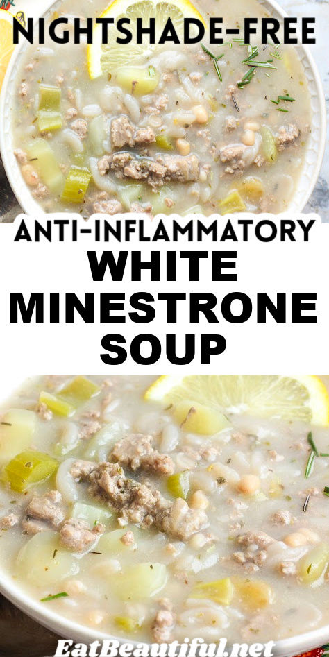 White Minestrone Soup is nightshade-free, so no tomatoes! ... Other than that, this is your favorite Minestrone Soup, dressed in white. Gluten-free, Grain-free, Paleo, Anti-Inflammatory, AIP and VAD, get great protein, fiber and gentle nutrition with this easy one-pot, stove top meal. Gluten And Nightshade Free Recipes, Nightshade Free Soup Recipes, Nightshade Free Soup, Grain Free Soup, Ibs Soup Recipes, Low Histamine Crockpot Meals, No Nightshade Recipes, Low Histamine Recipes, Gentle Nutrition