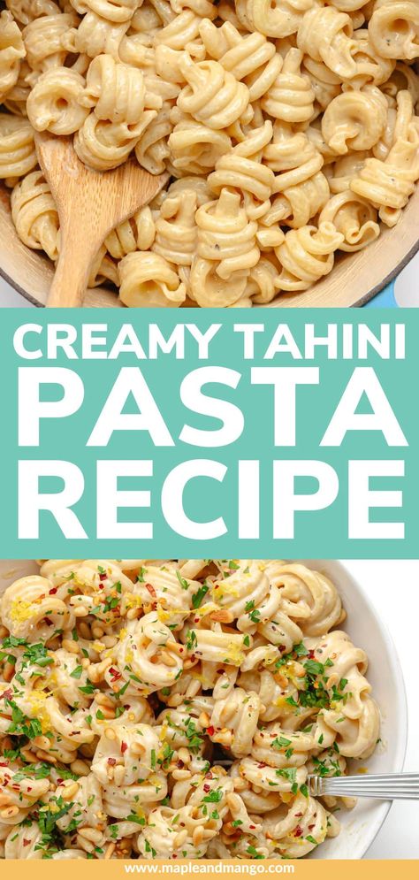 Looking for a new and simple pasta dish to try? This easy tahini pasta recipe is ready in just 20 minutes! Perfect for a busy weeknight dinner or a cozy night in. The flavorful tahini sauce on this pasta is SO GOOD - creamy, tangy, nutty goodness! Also naturally dairy-free, vegetarian and vegan making it a great alternative to cream based sauces. Serve this tahini pasta as a main or a side dish! | www.mapleandmango.com Tahini Pasta, Vegan Pasta Sauce, Easy Pasta Sauce, Tahini Recipe, Vegan Dinner Recipes Easy, Vegetarian Meals For Kids, Simple Pasta, Easy Pasta Dishes, Pasta Salads