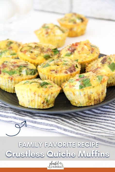 Mini crustless quiche muffins are perfect for breakfast or brunch. Egg muffins with bacon are made without the traditional crust, making them a low-carb quiche and gluten-free quiche option. They are filled with cheese, bacon, spinach, and eggs, and baked until golden brown. Mini crustless quiche muffins with spinach are easy and can be prepared in advance for a quick and healthy breakfast on-the-go. Use up leftover ingredients and are customizable to suit everyone! (Affil via @PlantedinArkansas Muffin Quiche Recipes, Mini Quiches In Muffin Tin Crustless, Mini Quiches In Muffin Tin, Mini Egg Quiche, Crustless Quiche Muffins, Crustless Mini Quiche, Muffins With Spinach, Ham And Spinach Quiche, Spinach And Eggs