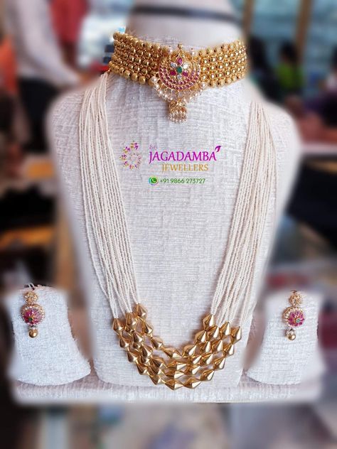 Dolki Beads Jewellery, Pearl Jewelry Necklace Indian Antique, Dolki Beads Necklace, Simple Beaded Necklaces, Temple Jewelry Necklace, Gold Jewelry Simple Necklace, Gold Mangalsutra Designs, Beautiful Gold Necklaces, Pearl Necklace Designs