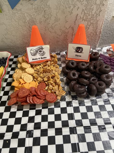 Monster Truck Party Snack Ideas, Monster Truck Party Table Decor, Blaze Birthday Party Food, Hotwheels Birthday Food Ideas, Monster Jam Treat Table, Disney Cars Snack Ideas, 2nd Birthday Monster Trucks, Monster Truck Veggie Tray, Racing Party Snacks