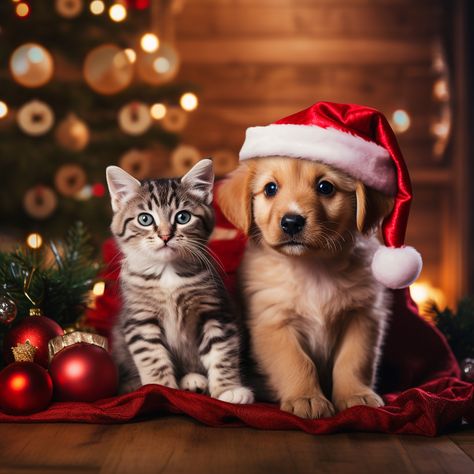 AI art of a puppy wearing a santa claus hat with a tabby kitten sitting in front a Christmas tree. Christmas Dog Wallpaper, Cats At Christmas, Marry Xmas, Christmas Pet Photos, Holiday Pet Photos, Cat And Dog Photos, Dog Christmas Pictures, Puppies Kittens, Pet Photos