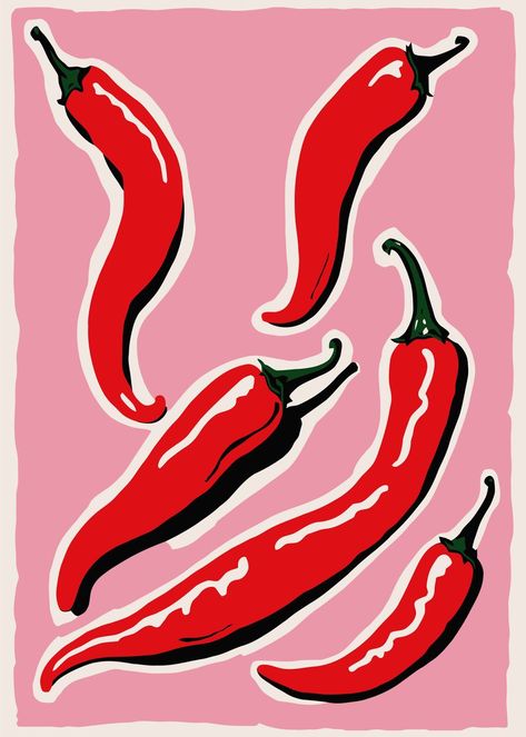 Food Illustration Poster, Images Pop Art, Vibrant Kitchen, Classic Posters, Retro Revival, Food Wall Art, Retro Posters, Retro Artwork, Red Chili Peppers