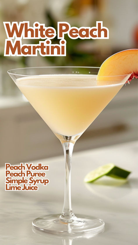 White Peach Martini Peach Cosmopolitan Recipe, White Peach Martini, Peach Martini Recipe Vodka, Simple Drink Recipes Alcoholic, Peach Vodka Drinks, Peach Martini, Peach Vodka, Bartender Drinks, Peach Drinks