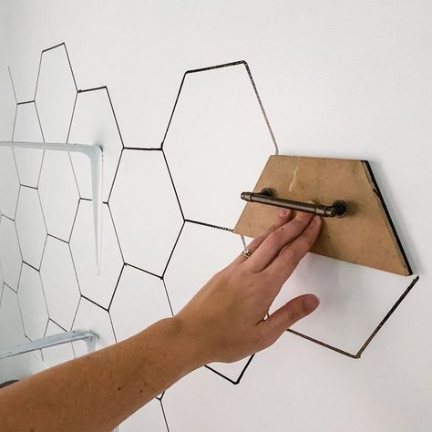 Hexagon Wall Decor Diy, Delancey Diy, Hexagon Tile Wall, Hexagon Stencil, Sharpie Wall, Hexagon Wall Tiles, Diy Wall Tile, Hexagon Tile Pattern, White Sharpie