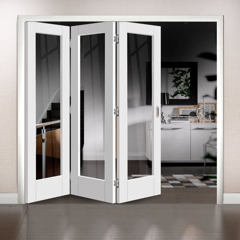 Freefold White Pattern 10 Style Folding 3 Door Set with Clear Glass, Height 2090mm, Width 1890mm. #internalwhitedoor #whitefoldingdoors #internalfoldingdoorswithglass Den Doors, Folding Door Design, Modern Patio Doors, Custom French Doors, Internal Folding Doors, Door Design Ideas, Basement Doors, White Internal Doors, Folding Glass Doors