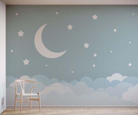 Moon And Stars Mural Nursery, Night Sky Nursery Mural, Star Mural Nursery, Wallpaper For Children's Rooms, Nursery Mural Ideas Neutral, Moon Mural Nursery, Children Bedroom Wallpaper, Nursery Mural Ideas, Baby Room Mural