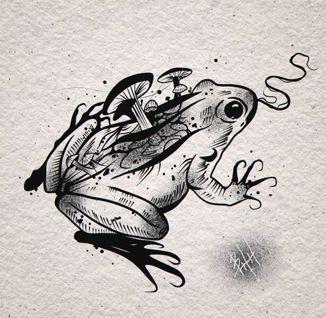 Creepy Frog Drawing, Dark Frog Tattoo, Frog Tattoo Design, Frog Tattoo Ideas, Plant Sleeve, Wilderness Tattoo, Frog Tattoo, Frog Tattoos, Frog Drawing