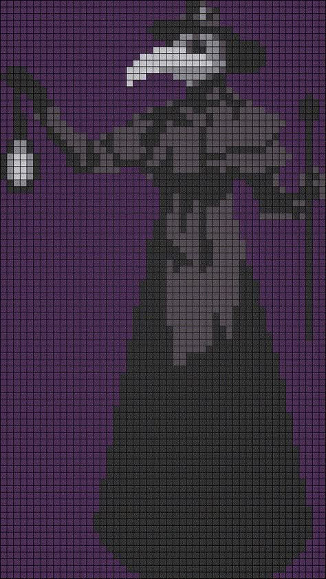 Bloodborne Cross Stitch, Mothman Perler Bead Patterns, Plague Doctor Alpha Pattern, Plague Doctor Pixel Art Grid, Plague Doctor Perler Beads, Mothman Alpha Pattern, Cryptid Alpha Pattern, Wolf Cross Stitch Pattern Free, Plague Doctor Pixel Art