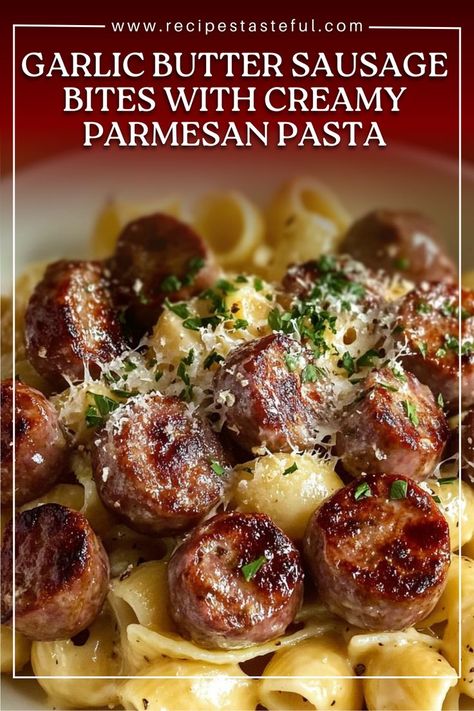 These garlic butter sausage bites served over creamy Parmesan pasta are a hearty, comforting dish packed with flavor. The garlicky, buttery sausage bites paired with rich, cheesy pasta make this an irresistible weeknight dinner. Garlic Butter Sausage, Creamy Parmesan Pasta, Easy Sausage Recipes, Creamy Sausage Pasta, Sausage Bites, Sausage Making Recipes, Garlic Parmesan Pasta, Dude Food, Sausage Recipes For Dinner