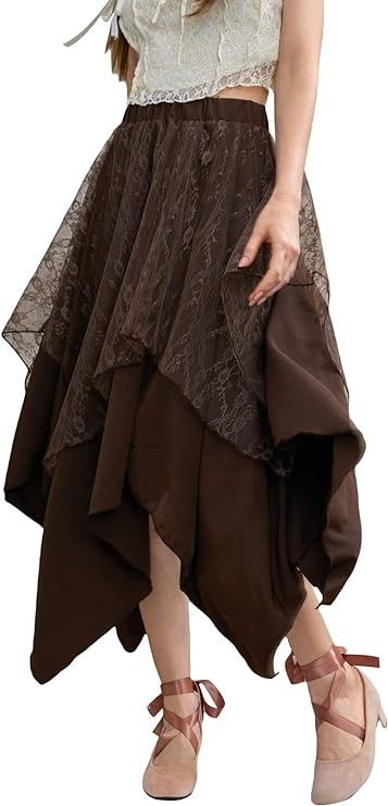 Amazon.com: Verdusa Women's Lace Overlay Elastic Waist Asymmetrical High Low A Line Long Skirt Coffee Brown L : Clothing, Shoes & Jewelry Cottagecore Skirt, Fair Outfits, Fairy Skirt, Rock Outfit, Brown Skirts, Hem Skirt, Asymmetrical Skirt, Fall Skirts, Layered Skirt