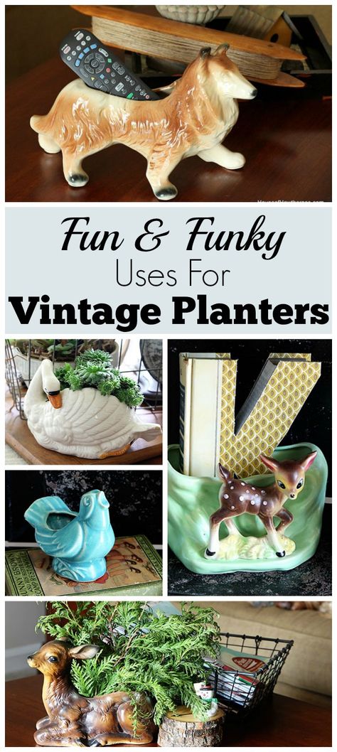 Alternative Uses For Vintage Planters Upcycle Vintage Glassware, Small Planter Ideas, Decorating With Vintage Items, Vintage Flower Pots, Vintage Thrift Stores, Vintage Jewelry Diy, Thrifted Home, Vintage Decorating, Thrifted Home Decor