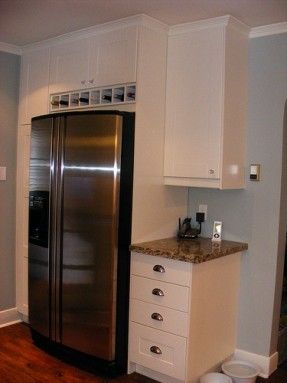 cabinet over fridge | wine cubbies above fridge, extended depth cabinet above Ikea Kitchens, Fridge Cabinet Surround, Above Fridge Cabinet, Above Fridge, Refrigerator Cabinet, Ikea Kitchen Cabinets, Kitchen Redo, Ikea Kitchen, Kitchen Remodel Small