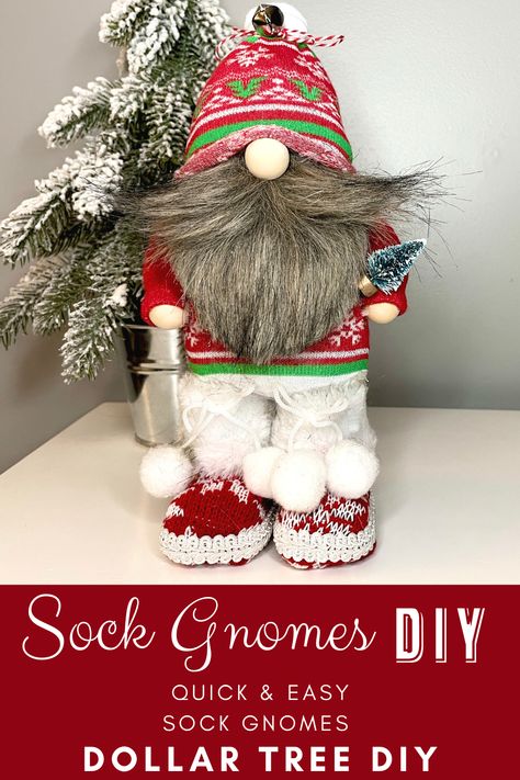 Sock Gnomes are so fun and easy to make, this one only cost a few bucks to make and is ALL Dollar Tree items! Check out the video! Gnome Table Centerpieces, Sock Gonks, Standing Gnomes Diy How To Make, Sock Gnomes Diy How To Make, Christmas Tree Gnomes Diy, Large Gnomes Diy How To Make, Christmas Sock Gnomes, Gnome Dollar Tree, Character Gnomes