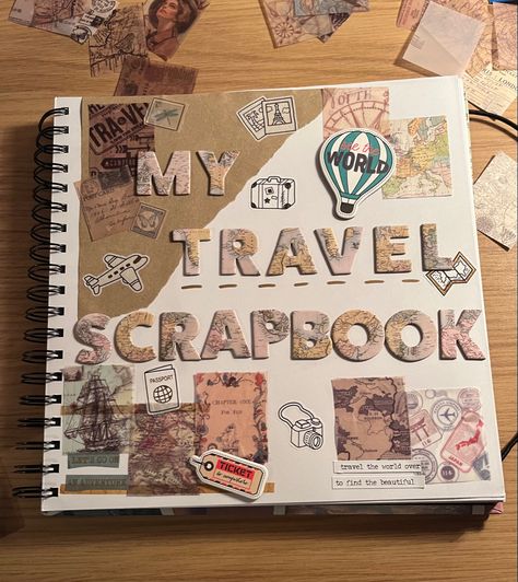 Travel Scrapbook Front Page, Chatter Box Ideas, Travel Album Scrapbook, Travel Photo Album Diy, Buy It For Life, Travel Scrapbook Cover Ideas, Travel Journal First Page, Scrab Book Cover Page Ideas, Travel Scrapbook Front Cover