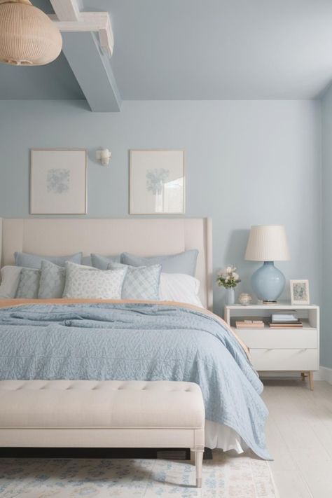 ☾~.~☕️follow me☕️~.~☾ Egg Shell Blue Bedroom, White And Blue Aesthetic Room, Light Blue Paint Bedroom, Serene Blue Bedroom, Blue Bedroom White Furniture, Light Blue And White Room, White And Blue Bedroom Aesthetic, Aesthetic Bedroom Blue, Blue White Bedroom Ideas