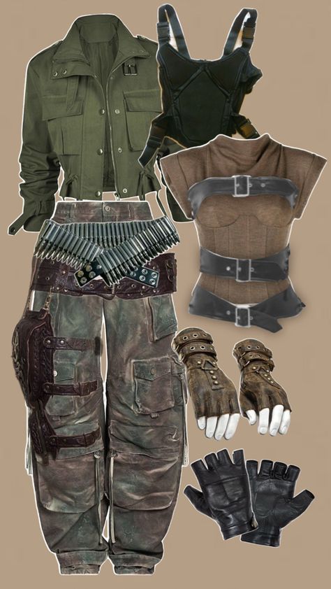 Apocalypse Party Outfit, Apocalypse Oc Design, Dystopian Apocalypse Outfit, Desert Apocalypse Outfit, Apocalyptic Fashion Women Outfits, The 100 Aesthetic Outfit, Apocolypse Aethstetic Clothes, Werewolf Outfit Aesthetic, Apocolapyse Outfits