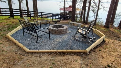 My husband wanted to build a hexagonal firepit area using landscape timbers. He bought 8' landscape timbers and cut about a foot off each one. We are on uneven ground, so he had to build it from the top down. He then added limestone and built a 36" firepit. Our furniture cushions are still in storage. Hexagon Fire Pit, Fore Pit, Fire Pit Ideas Backyard, Landscape Timbers, Fire Pit Area, Backyard Inspiration, Fire Pit Backyard, Firepit, Landscaping With Rocks