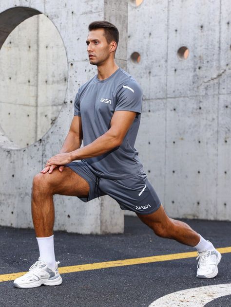 Grey  Collar   Letter Shorts Embellished Slight Stretch  Men Activewear Mens Workout Outfits, Fitness Shoot Ideas, Sport Photoshoot Ideas, Funny Socks Women, Activewear Photoshoot, Jogging Style, Workout Men, Sports Fashion Men, Men Activewear