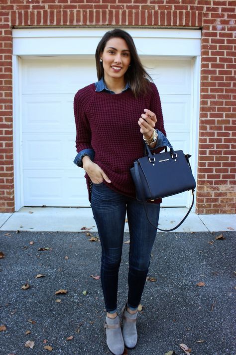 Choose a burgundy knit oversized sweater and navy slim jeans for an unexpectedly cool ensemble. A cool pair of grey suede ankle boots is an easy way to upgrade your look.  Shop this look for $220:  http://lookastic.com/women/looks/denim-shirt-oversized-sweater-tote-bag-skinny-jeans-ankle-boots/6682  — Navy Denim Shirt  — Burgundy Knit Oversized Sweater  — Navy Leather Tote Bag  — Navy Skinny Jeans  — Grey Suede Ankle Boots Sweater Over Shirt Outfit Women, Navy Bag Outfit, Denim Shirt Women, Oversized Sweater Women, Oversized Knitted Sweaters, Boating Outfit, Sweaters Oversized, Casual Fall Outfits, Business Casual Outfits