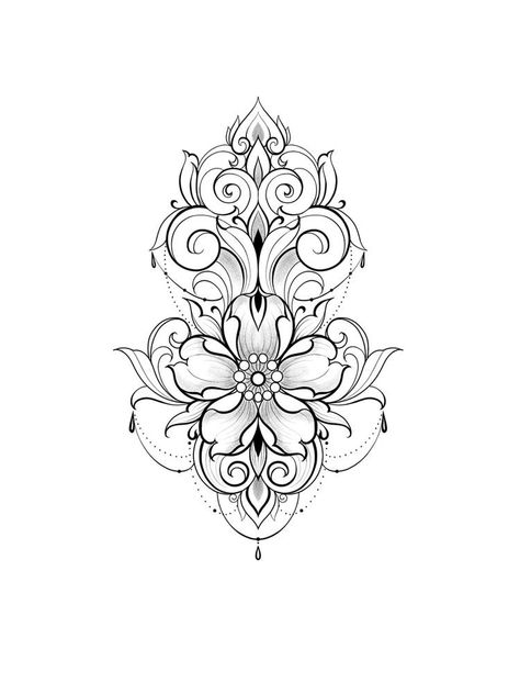 Cute Mandala Tattoos, Floral Ornamental Tattoo Back, Mandala Flowers Design, Ornamental Tattoo Ideas, Tattoo Asethic, Ornamental Flower Tattoo Design, Mandala Sketch Tattoo, Sternum Ornamental Tattoo, Ornamental Tattoo Mandalas