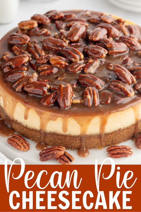 This Pecan Pie Cheesecake is the ultimate dessert for the holiday season. Rich, velvety cheesecake sits on top of a homemade pecan graham cracker crust and is topped with an irresistible pecan pie filling. It is out of this world good, and will be the star of the show at your next holiday or special occasion meal! Belle Of The Kitchen, Pecan Pie Cheesecake Recipe, Rich Cheesecake, Pumpkin Sheet Cake, Best Pecan Pie, Pecan Pie Cheesecake, Pecan Pie Filling, Pecan Cheesecake, Pie Cheesecake