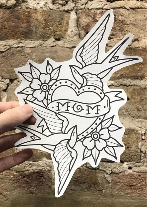 Meaningful American Traditional Tattoos, Traditional Tattoos With Names, Trad Mom Tattoo, Tattoos About Mom For Men, Family Traditional Tattoo, Classic Mom Tattoo, Traditional Line Work Tattoo, Old School Mom Tattoo, Mom Heart Tattoo Traditional