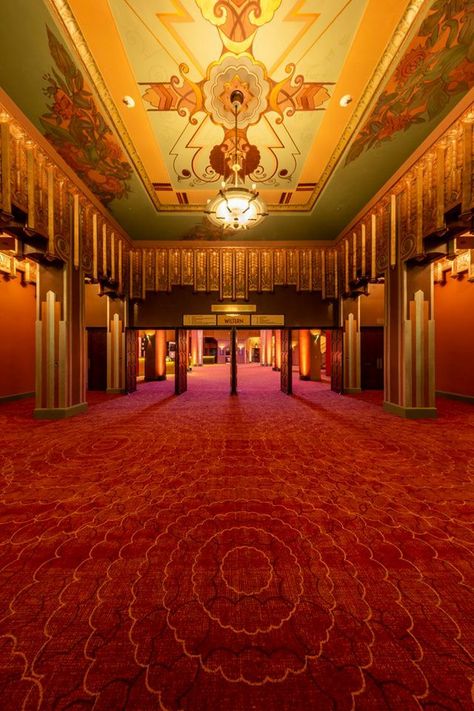 Art Deco Theatre Interior, Art Deco Theater Interior, Old Hotel Lobby, Old Hotel Aesthetic, 1920s Theatre, Art Deco Theatre, Theatre Lobby, Theater Lobby, Haunted Library