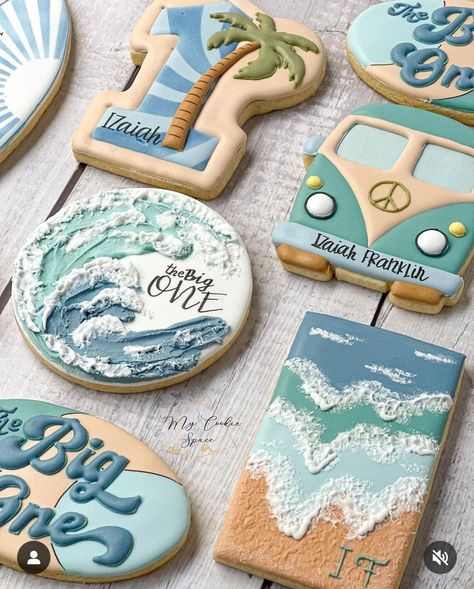 We Scare Because We Care, Kids Birthday Party Activities, Surf Cake, Surf Birthday Party, Themed Birthday Party Ideas, Surf Birthday, Party Activities Kids, First Birthday Cookies, Beach Cookies