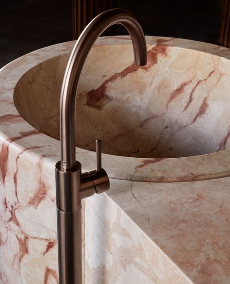 Wendy Bergman on Instagram: “A bespoke floristry sink, carved from solid blush-toned marble, holds presence at @lafantaisie_abbotsford, complemented by graceful arched…” Exposed Trusses, Geometric Wall Paint, Kitchen Sink Design, Linen Drapery, Victorian Buildings, Function Room, Custom Carved, The Local Project, Banquette Seating