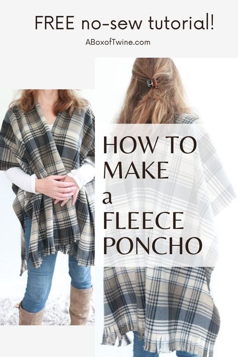 Blanket Poncho Diy How To Make, No Sew Shawl Wraps, Free Poncho Sewing Pattern, Poncho Diy Easy, Flannel Gifts To Make, Crafts With Fleece Fabric, Fleece Cape Diy, How To Make A Fleece Poncho, Fleece Shawls And Wraps Diy