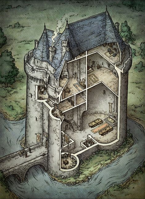 Castle Cross Section, Inside Of A Castle Drawing, Inside A Castle Drawing, Small Castle Interior, Small Castle Layout, Castle Cutaway, Medieval Castle Interior, Medieval Castle Layout, Castle Bridge