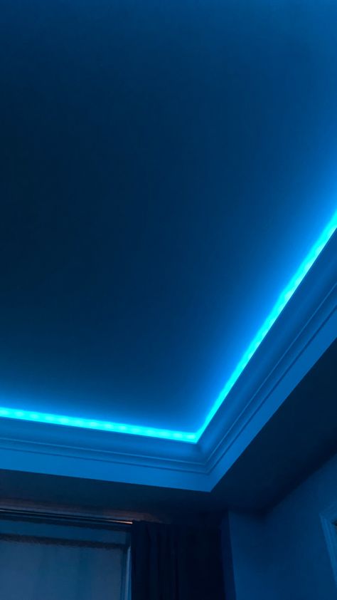 Bedroom Led Lights Ceiling, Strip Lights Bedroom Aesthetic, Led Blue Lights Room, Dark Room Ceiling, Blue Light Aesthetic Room, Blue Light Room Aesthetic, Fake Ceiling Snaps, Blue Led Room Aesthetic, Room With Led Lights Aesthetic