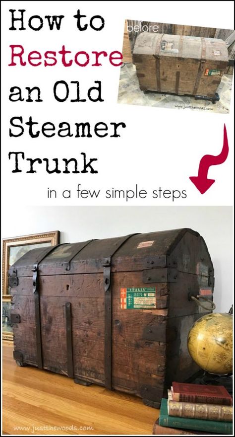 Steamer trunk restoration project, remove mildew odor, secure old labels and learn How to Restore an Old Steamer Trunk in a Few Simple Steps Steamer Trunk Makeover, Military Furniture, Trunk Redo, Antiquing Furniture, Antique Trunk Restoration, Trunk Restoration, Trunk Makeover, Vintage Steamer Trunk, Antique Steamer Trunk