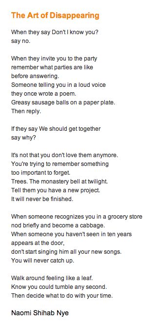 The Art of Disappearing  It's amazing how many of us feel this way! Society Poem, Poetry About Disappointment, Naomi Shihab Nye Poems, If Cats Disappeared From The World, Naomi Shihab Nye, The Art Of Losing Poem, Inspiring Poems, Ap Literature, Poetic Words