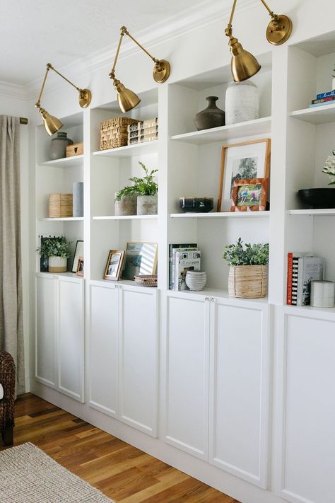 IKEA Billy Bookcase Hack - Wall Of Built-ins - The Sommer Home Decorate Shelves, Billy Ikea, Ikea Built In, Billy Bookcase Hack, Ikea Billy Bookcase Hack, Ikea Bookcase, Bookcase Diy, Living Room Built Ins, White Bookshelves