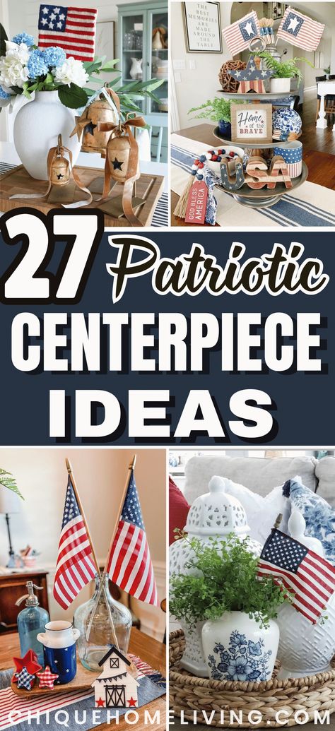 Make a bold statement this 4th of July with these 27 best patriotic centerpiece ideas! From vibrant floral arrangements to DIY crafts, find inspiration to elevate your holiday decor with red, white, and blue flair. 🇺🇸🌟 #PatrioticDecor #CenterpieceIdeas #FourthOfJuly Patriotic Table Centerpieces Diy, Veterans Day Centerpieces Table Decorations, Red White And Blue Centerpieces Diy, Fourth Of July Centerpiece, Patriotic Centerpieces Elegant, July 4 Table Decorations, Patriotic Event Decor, July 4th Centerpieces Diy, Patriotic Table Centerpieces