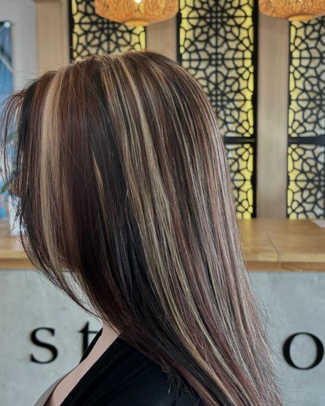 her calico is back and better than ever !! 🐈🐈‍⬛ - swipe to see the TWO month fade ! & last clip is the initial color :) {no style per request} #calico #calicohair #tricolor #elpasohair #creativehair #elpasohairstylist Straight Calico Hair, Calico Hair Sectioning, Calico Hair Straight, Brown Calico Hair, Blended Calico Hair, Calico Short Hair, Calico Hair Highlights, Fancy Hair Color, Calico Streaks