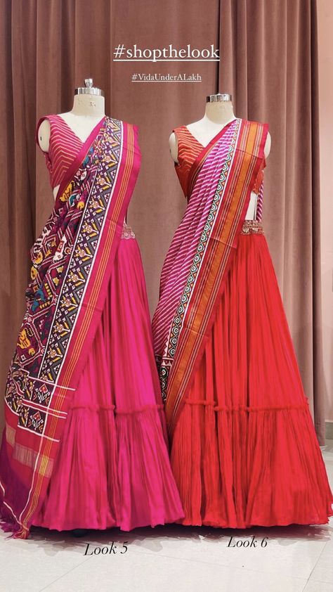 Bandini Dupatta For Half Saree, Langa Choli Fashion Styles, Patola Outfit Ideas, Patola Half Saree Designs, Bandhani Half Saree, Mangalagiri Lehenga Designs, Lehenga With Patola Dupatta, Patola Half Sarees, Half Saree Ideas Simple