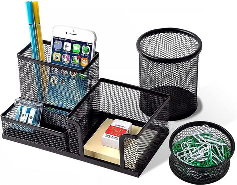 Pen Holder for Desk, Desk Organizers Set-3 Compartments Mesh Pencil Holder with Pencil Pen Cup and Paper Clip holder, Desk Accessories for Marker Craft, Ideal Office School Supplies(3 pack, Black) Paper Clip Holder, Marker Crafts, Desk Organizer Set, Clip Holder, Pencil Pen, Metal Pen, Supplies Organization, Desktop Storage, Paper Clips