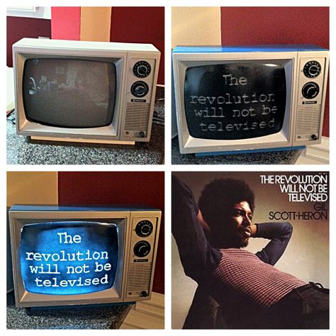 Old tv upcycling. DIY Social art. Old TV from rummage sale. Using spray paint and vinyl stickers. Quote by Gil Scott-Heron. Upcycling, Recycle Old Tv, Gil Scott Heron, Repurposing Ideas, Rummage Sale, Upcycling Diy, Art Old, Social Art, Box Tv